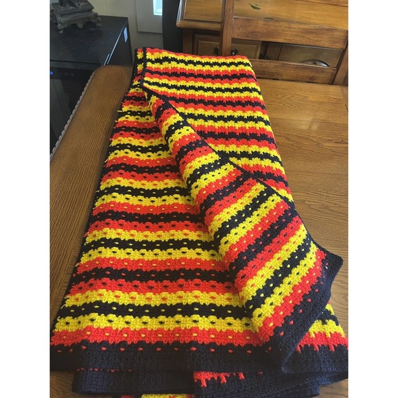 Vintage 70s MCM Striped Acrylic Knit Afghan Blanket Yellow Red Orange Navy - Picture 2 of 8